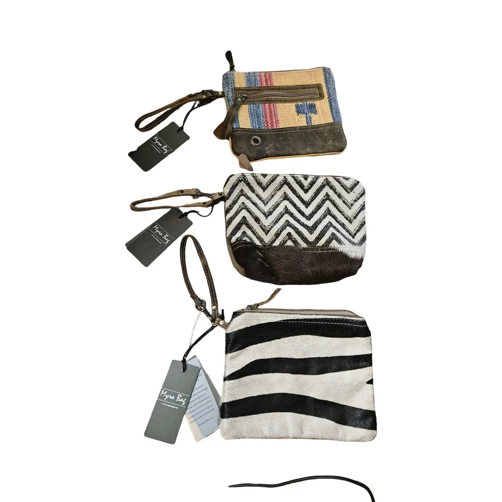 Myra Bag Wristlet Set 3 New Cowhide Leather Southwestern‎ Zebra Chevron Pouches